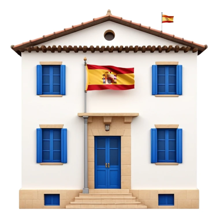 Andalusian-style Spanish house with white walls, blue windows, Spanish flag (red-yellow-red horizontal stripes) hanging from a small flag pole on the facade sticker