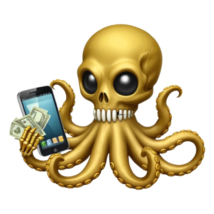 satanic octopus skeleton with scary evil eyes wearing a gold necklace and balaclava. 1 tentacle is holding a cellphone, 1 tentacle is holding a bone, 1 tentacle is holding a stack of cash. sticker