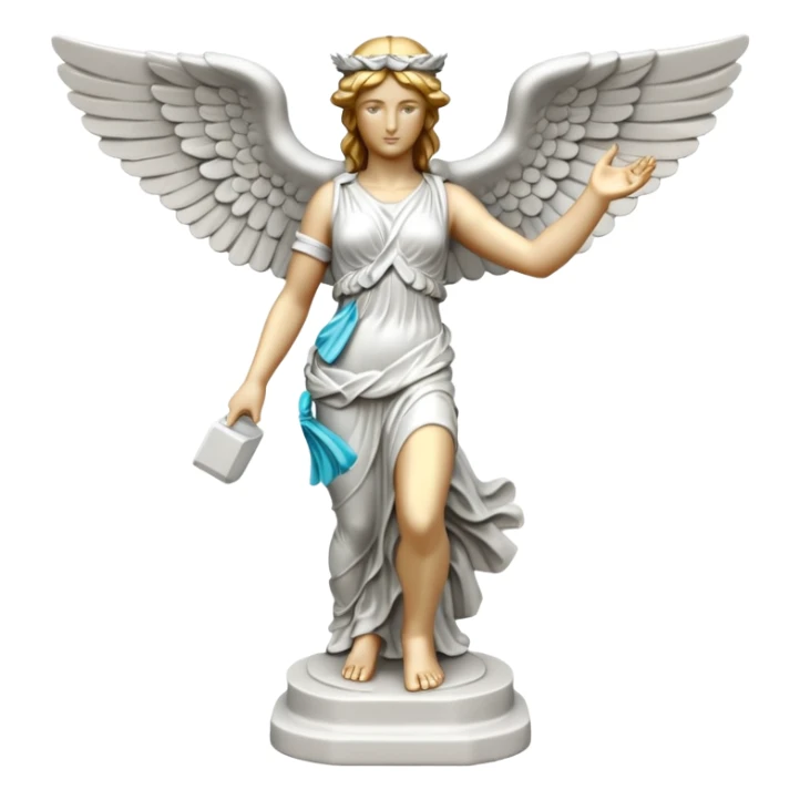 Winged Victory of Samothrace statue with plastẻ sticker