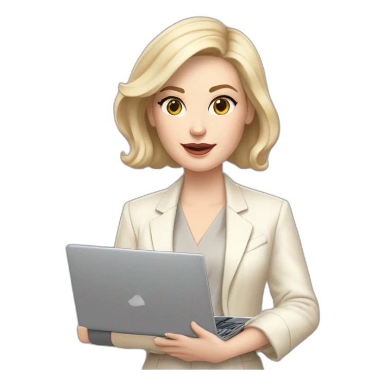pale skin woman with ash blonde Straightened bob Hair, White Spacious classical jacket, beige palazzo Arrow pants and gray blouse holding a MacBook in the hands sticker