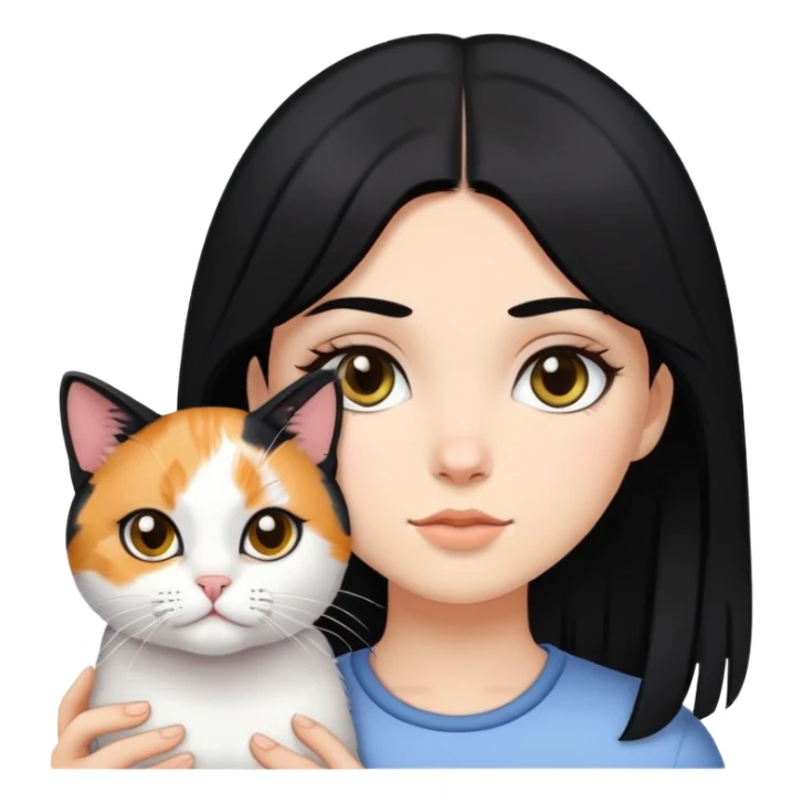 black haired black eyed white girl holding calico cat sticker