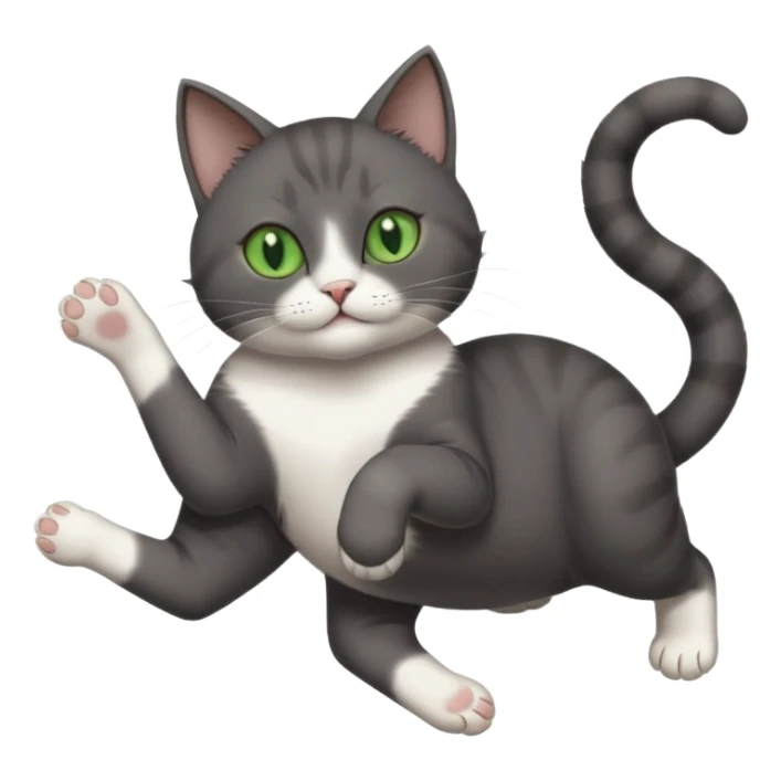 dark grey cat with green eyes, white toes/paws and white patch on her chest playfully rolling upside down sticker