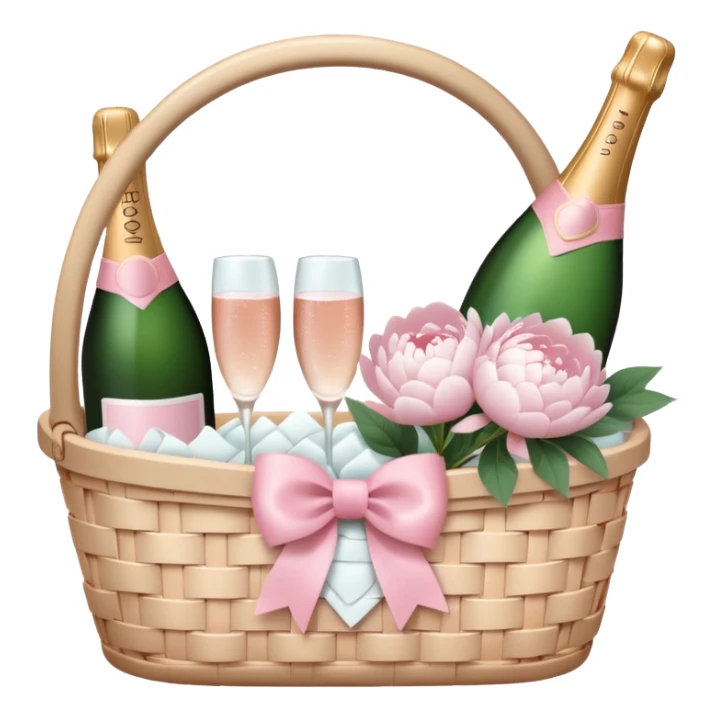 White Picnic basket with light pink bow and white peonies and a pink champage bottle inside sticker