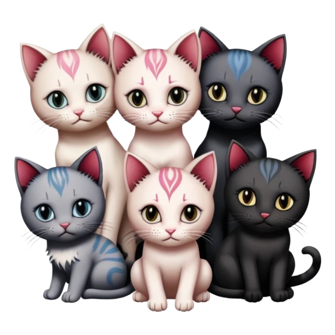 two emo cats in love with tattoos and cool hair, surrounded by five emo kittens sticker