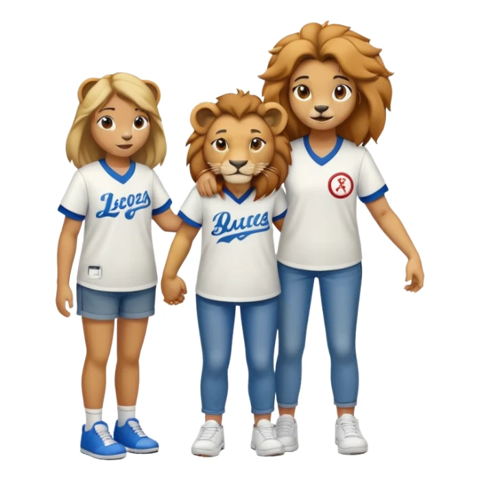 friendly anthropomorphised female lion wearing a baseball shirt, jeans, and trainers, comforting another character sticker