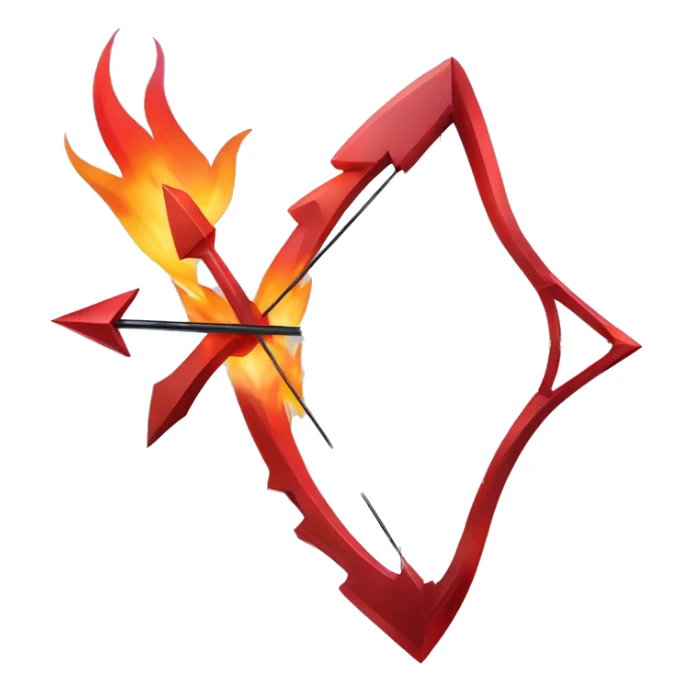 Bow with arrow sculpture symbolizing sagittarius with a geometric, faceted design. The symbol is standing upright with angular and disney features. The vibrant red flame colors highlights the sharp edges and planes. sticker