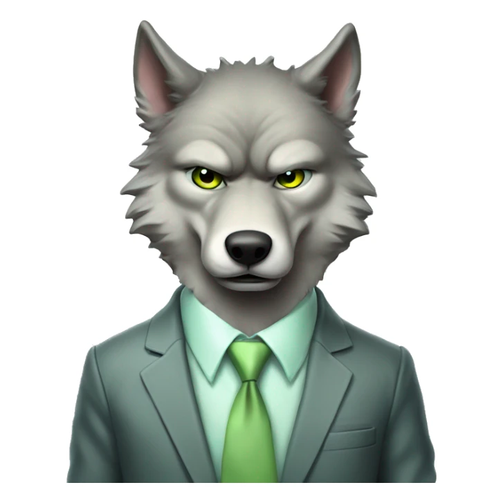 Portrait of Big Bad Angry Wolf with a human-like face wears a sleek jacket light grey and a pastel green tie like a salesman and eyes color matching the tie sticker