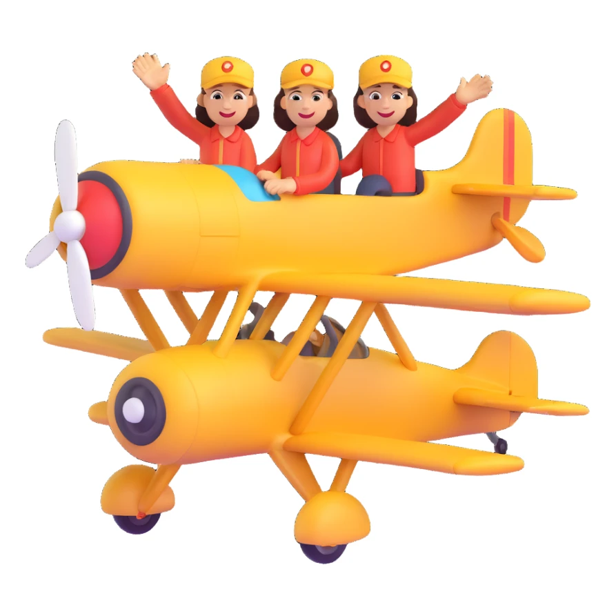 two happy people waving from a biplane, 3d emoji style sticker