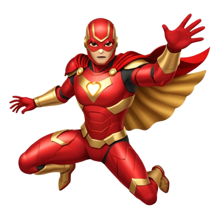 "A high-quality die-cut sticker of a tech-based armored superhero in a dynamic flying pose. Vibrant red and gold metallic plating, glowing circular chest piece, thick white border, flat vector art style, white background." sticker