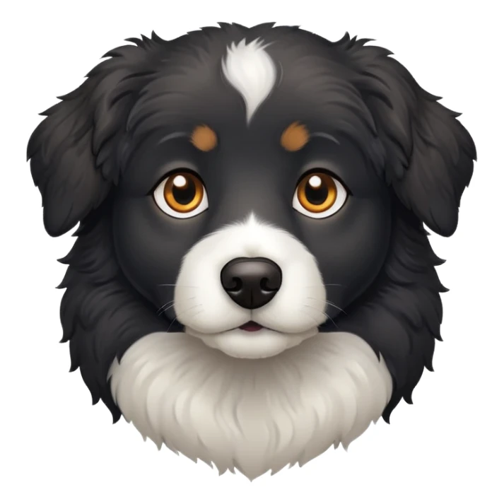 black dog with fluffy slightly curly coat, white chest, looking forward sticker