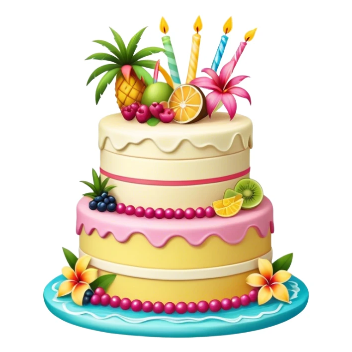 Realistic, colorful pink margaritaville-themed vanilla birthday cake, elaborate, layered, with tropical flowers and fruits  sticker