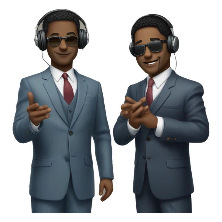 Two well-dressed individuals in suits human bodies with cat faces and hands. Wearing headphones for a podcast. Happy faces.  Almost the look of New Jack City clean, from back in the 90’s getting money. 
 sticker