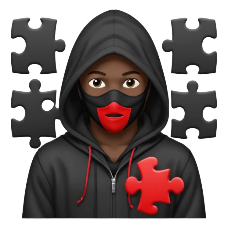 grayscale black mysterious masked hooded man with puzzle logo on hood sticker