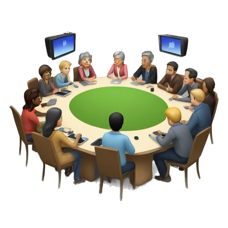 Camera club meeting with people sitting at long table with a digital screen at one end. sticker