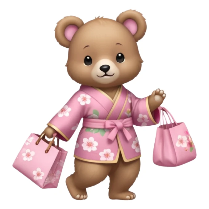 A cute baby bear character in pastel style, standing upright like a human. 
Light brown soft fur, large round ears, rounded paws and feet. 
Wearing a pink kimono with soft cherry blossom patterns on the sleeves and bottom, Holding a cute pastel shopping bag with one paw, walking pose. sticker
