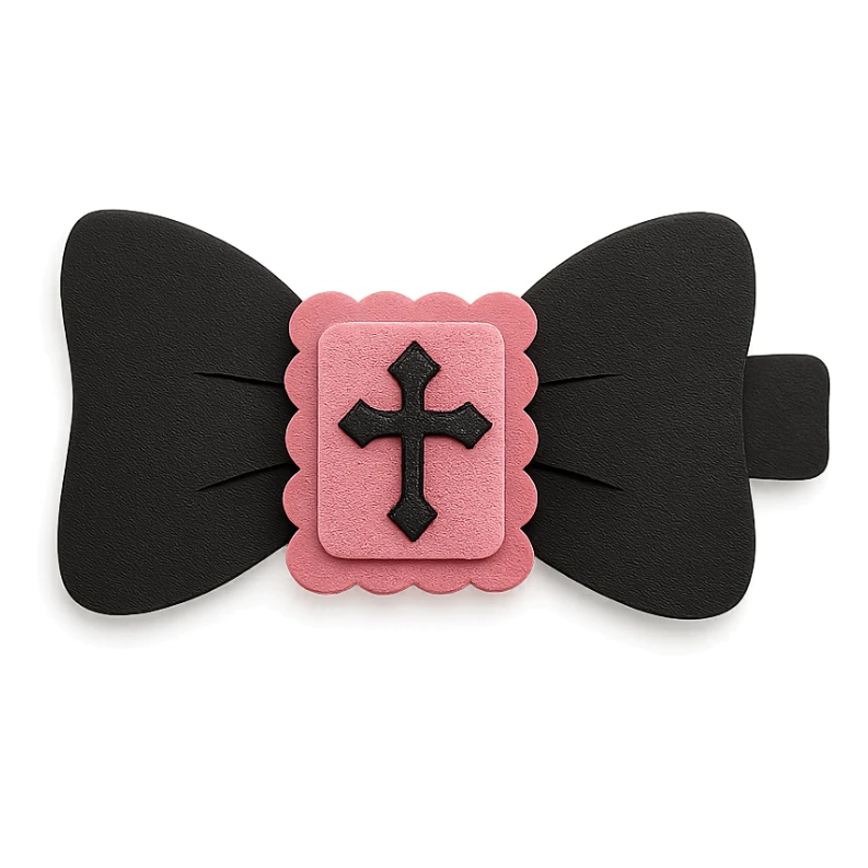 gothic hair clip, layered paper textures, handmade look, soft shadows, black and pink sticker