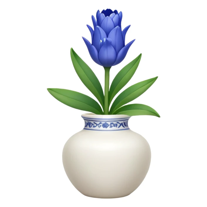 A small white vase holding a single blue hyacinth flower with green leaves. sticker