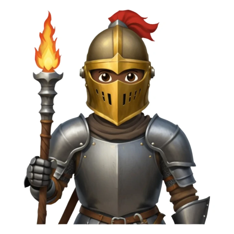 knight holding a short wooden torch in hand wearing darker, realistic iron armor, and a closed slitted helmet in dark souls style sticker