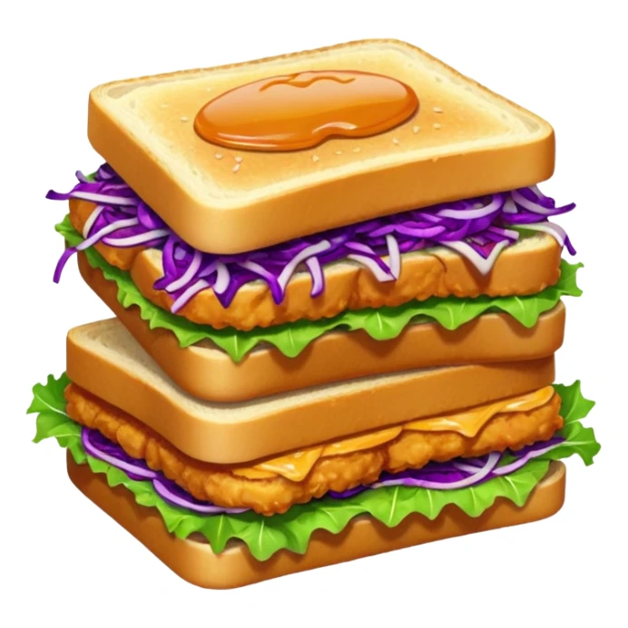 Burning hot, spicy,  stacked chicken sandwich — two thick golden toast slices, a crispy breaded chicken fillet, green lettuce, and purple cabbage slaw, with glossy dark sauce dripping down the sides. sticker
