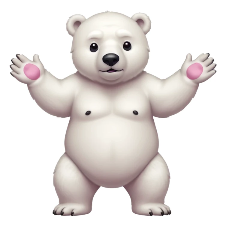 Make a humanoid polar bear shrugging, showing only from chest above, no legs, his nose must be pink sticker