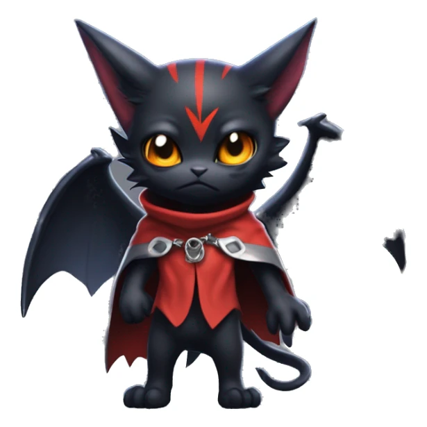 Cute edgy cool beautiful realistic vampiric dark eldritch fantasy Litten-Fakémon-Digimon with bat-wings as ears full body, cloak, choker collar, harness, leg straps sticker