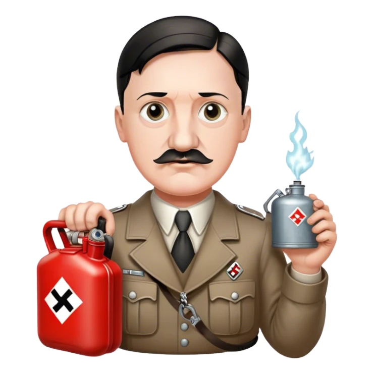 Hitler with a swaztica necklace holding a gas can  sticker