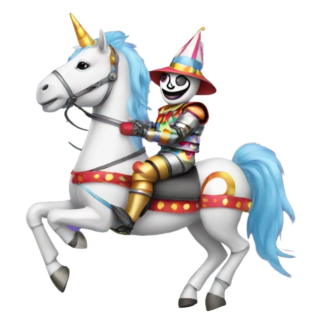 Robot wearing a clown outfit riding a unicorn sticker