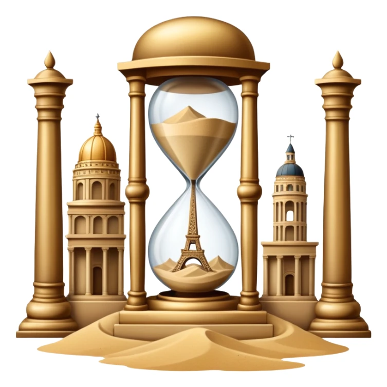 icon featuring ancient scrolls, quill pen with famous historical landmarks and monuments in the background. Large, antique sand clocks with sand pouring out represent the passage of time. Historical figures are depicted as statues. Transparent background. sticker