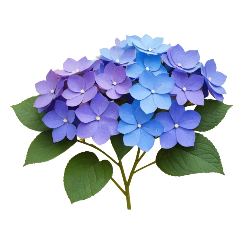 Traditional Japanese hydrangea (ajisai) flower with refined aesthetic, subtle color transitions from blue to purple, gentle raindrops, and washi paper texture background sticker