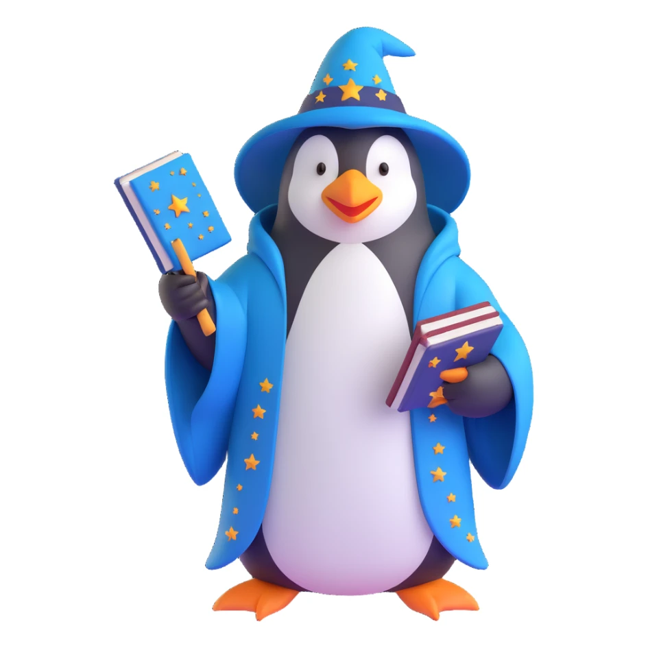 penguin wizard with a long beard, starry robe, and spellbook sticker