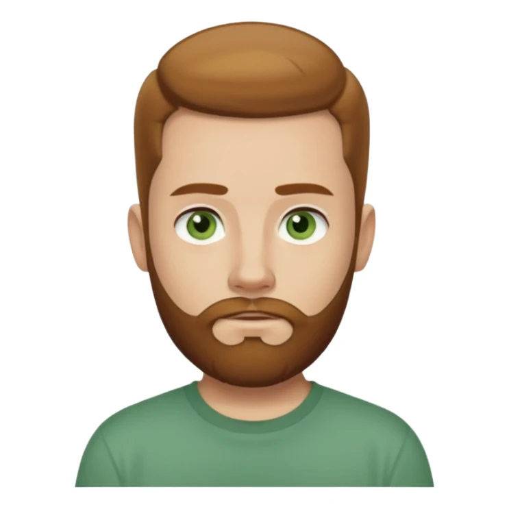 A young man with short light chestnut hair slicked back, a medium-length thick beard, and light green eyes. Fair skin, oval face, neutral expression. Wearing a dark t-shirt, plain light (white or gray) background. Shoulder-up front portrait. sticker