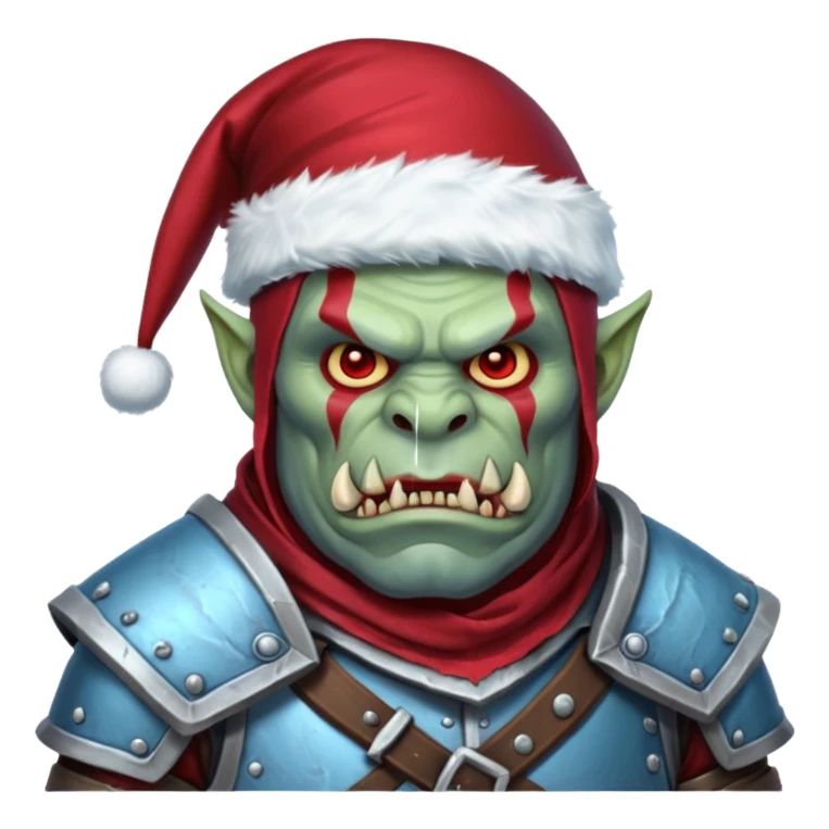 
Fantasy Christmas orc legion soldier icon, iron tundra army theme, heavy winter armor, disciplined brutal look, icy blue steel armor with deep crimson accents, frozen metal texture, cold winter atmosphere, male variant sticker