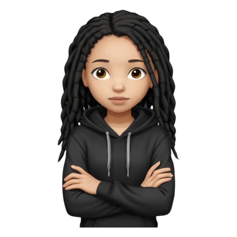 African American light skin girl with shoulder length black dreadlocks wearing a plain black hoodie with arms folded sticker