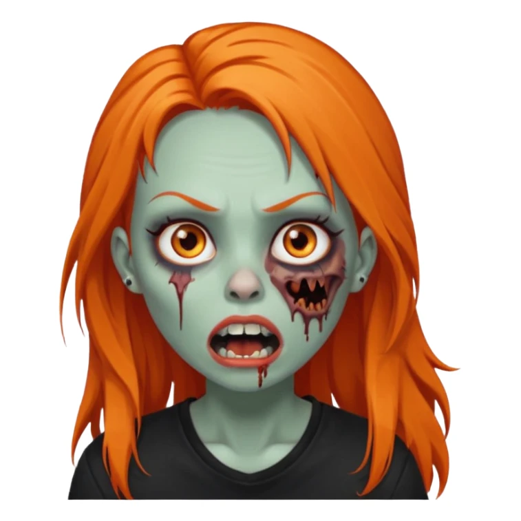 Faça uma zumbi feminina com cabelos longos e laranja, deve estar vestindo uma camisa preta e ter seus olhos castanhos escuro, não esqueça de colocar a sombrancelha da cor do cabelo e faça ela abrir um pouco a boca como um zumbi e adicione um piercing em seu nariz  sticker