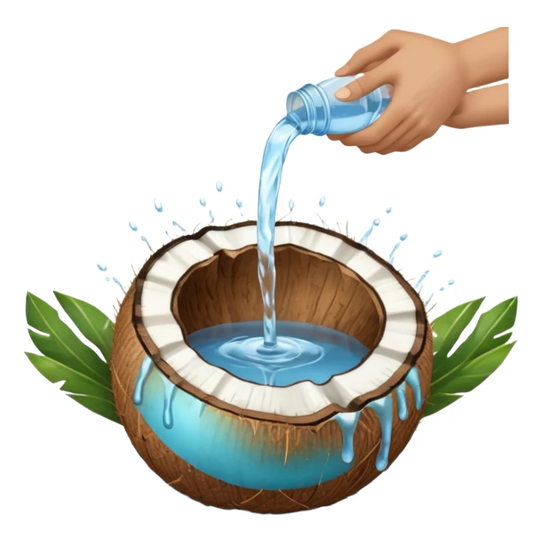 A whole coconut with water being poured over it with hands cupping water sticker