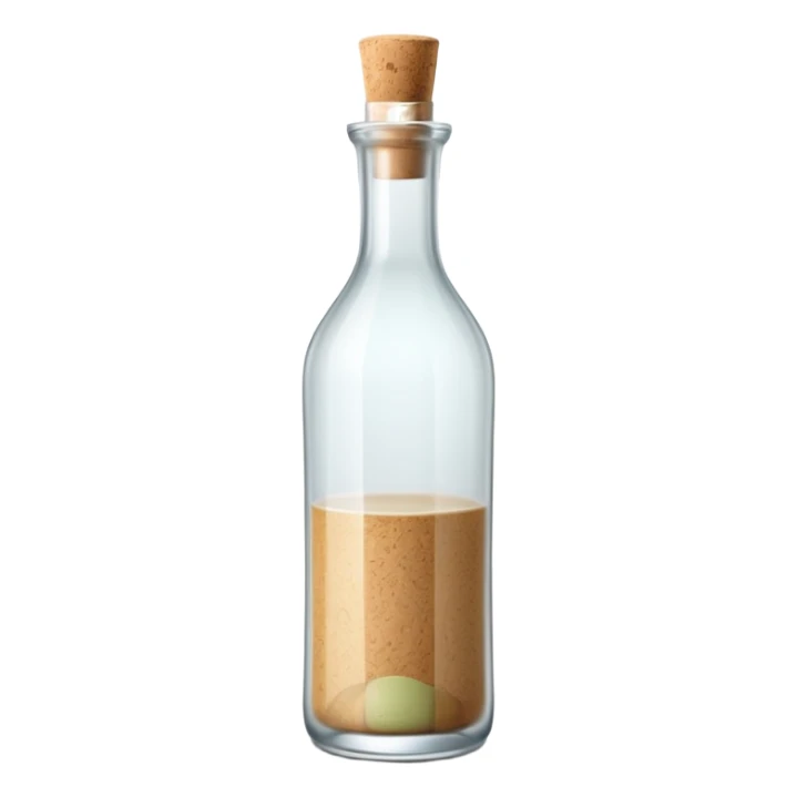 tall slender glass bottle with long neck and simple cork or screw cap, clear or frosted glass with transparent colorless liquid inside, elegant subtly curved silhouette, no label, no fruit, no extras, soft lighting, subtle shadows, emoji scale sticker