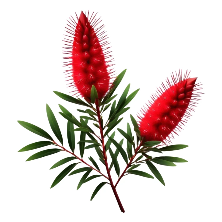 Cinematic Realistic Callistemon Emoji, Vibrant and striking, with spiky red flowers resembling a bottlebrush. The slender leaves create a fine backdrop to the bold blooms, while the plant exudes energy and vitality. Soft glowing outline, capturing the essence of strength, color, and natural beauty in a brilliant callistemon tree! sticker