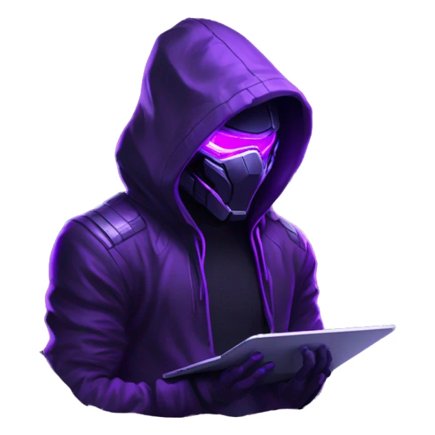 Side view developer behind his laptop with this style : crysis Cyberpunk Valorant neon glowing bright purple character purple violet black hooded assassin themed character sticker