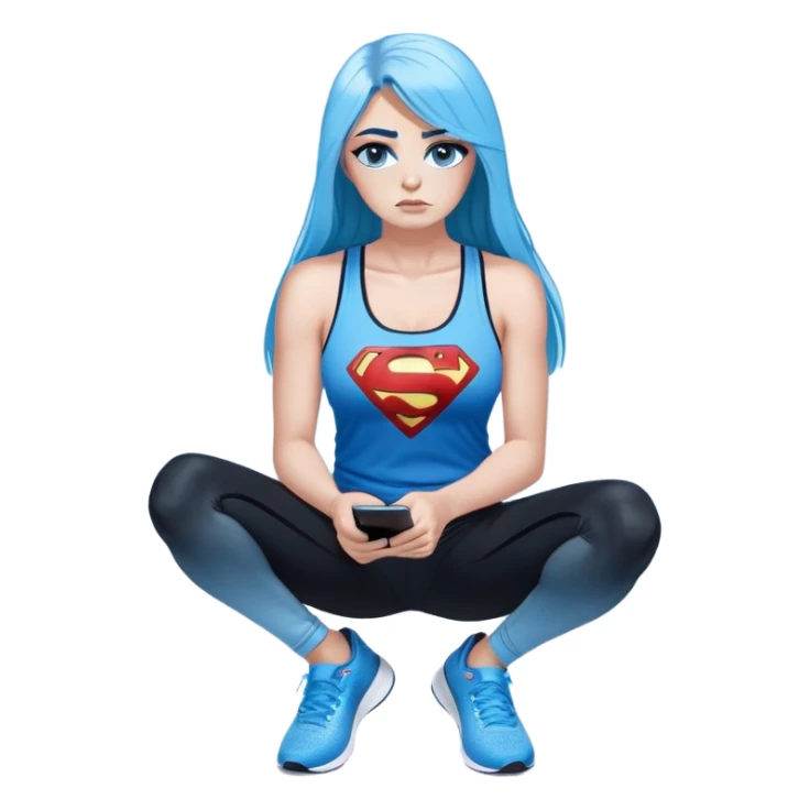 Shameful disappointed crying-very very very very big chest-texting on a samsung cell phone-very long straight flowing black to sky blue hair ombre-blue eyes-black eyeliner-long eyelashes-plastic sparkling sky blue very low cut tank top with sparkling superman logo-black leggings-nike sneakers sticker