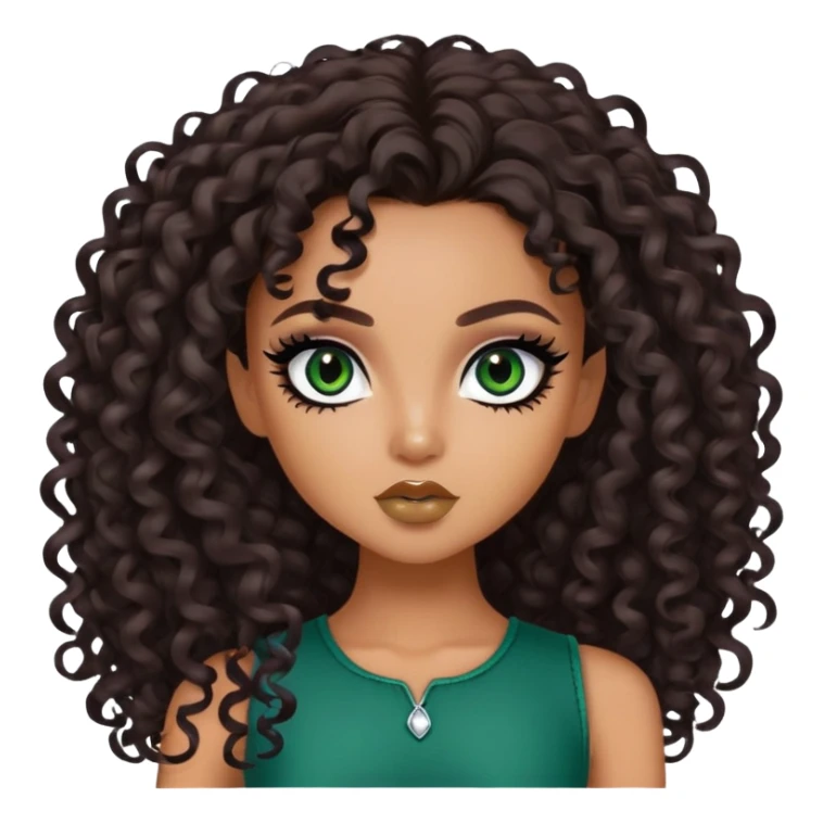 curly long dark brown hair, tan skin,  dark green iris, pretty bratz baddie, black eyeliner sticker