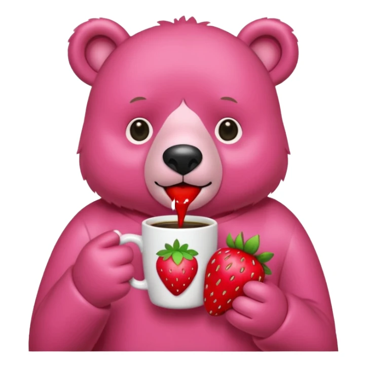 A pink bear is holding a strawberry and drinking coffee with a transparent background in a teenager hand-drawn style. sticker