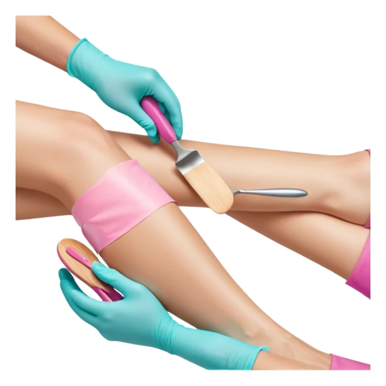 Close-up professional beauty photo of a smooth white leg during a waxing procedure, a second person’s hand wearing a turquoise nitrile glove spreading warm pink depilatory wax along the leg with a wooden spatula sticker