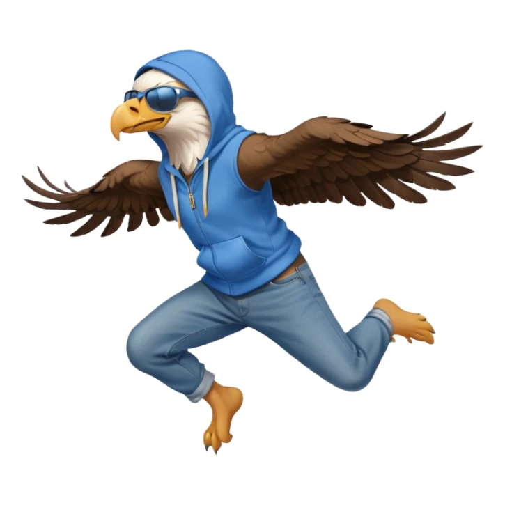 friendly anthropomorphised eagle with arms in a hoodie and jeans with sunglasses leaping, energetic pose sticker