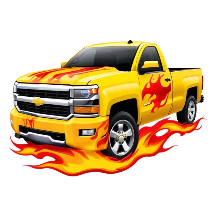 Yellow Chevrolet Silverado with elaborate airbrushed red flame pattern on hood and front quarter panels, screen-accurate Kill Bill truck artwork, 30-degree angle, iOS emoji style sticker