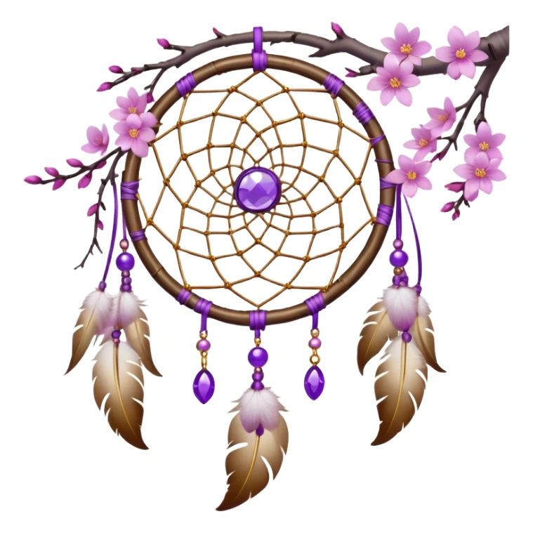 A white-birch-framed Dreamcatcher. with purple-round-orbs, gold-rings hanging down. purple flowers, pink sakura flowers, sticker