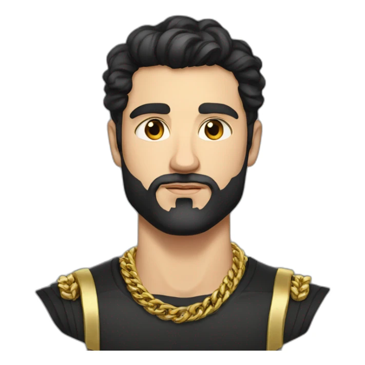 Russian strong man aged 25 wearing gold chain with black hair and short beard sticker