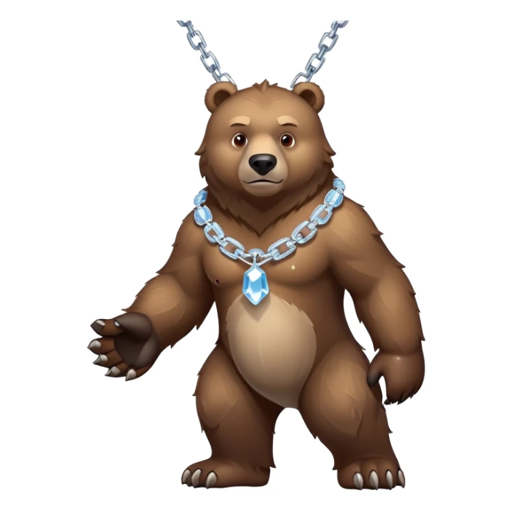 Fierce brown bear walking on four paws with an ice chain necklace, frozen chain links made of crystal clear ice, serious face sticker