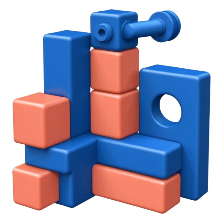Modern minimal emoji: building blocks + connection flows + gear. Deep blue and coral colors. Professional no-code expert signature. Geometric clean style. sticker