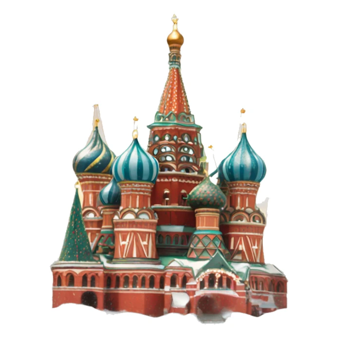 Red square in Moscow with snow flakes and Christmas tree sticker