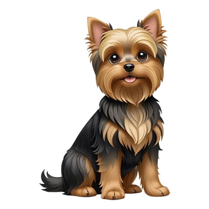 cinematic-[yorkshire terrier]-realistic-full-body-sitting-emoji,-tail-resting-loosely-beside-its-paws,-head-tilted-dramatically,-wavy-[black and tan-fur,-simplified-yet-realistic-focused-features,-highly-detailed,-glowing-with-an-almost-sarcastic-glow sticker
